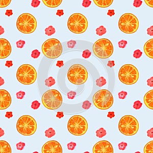 Seamless pattern with watercolor flowers and slices of orange