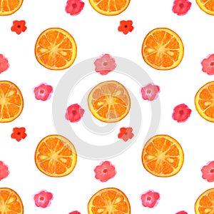 Seamless pattern with watercolor flowers and slices of orange