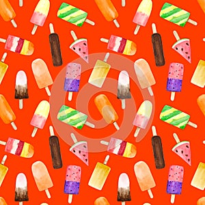 Seamless pattern with watercolor fruit and chocolate ice cream on stick isolated on red background