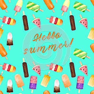 Seamless pattern with watercolor fruit and chocolate ice cream on stick isolated on turquoise background with summer text