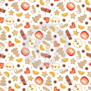 Seamless pattern with watercolor fruits and cookies on white background. New Year mood