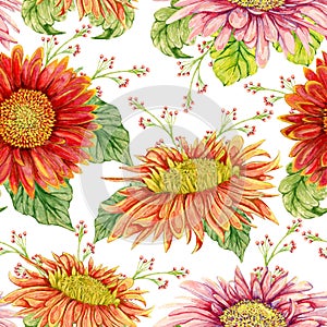 Seamless pattern with watercolor gerbera flower.