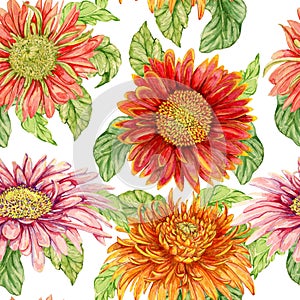Seamless pattern with watercolor gerbera flower.