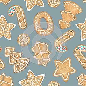 Seamless pattern with watercolor gingerbread cookies with glazing