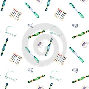 Seamless pattern with watercolor green and blue thread floss and needles