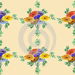 Seamless pattern watercolor of green leaves and bright flowers on a beige background. Geometric