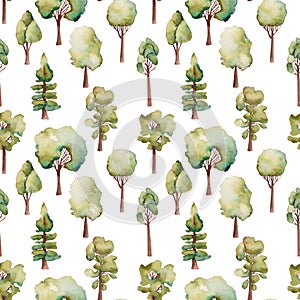 Seamless pattern of watercolor green trees