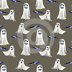 Seamless pattern with watercolor Halloween objects spooks and black birds