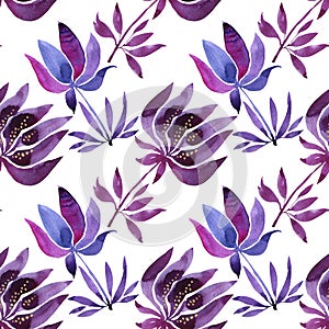 Seamless pattern watercolor hand-drawn blue purple abstract bud flower on white. Art creative nature background for card