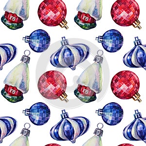 Seamless pattern watercolor hand-drawn blue red shiny christmas decoration ball and home with snow on white background