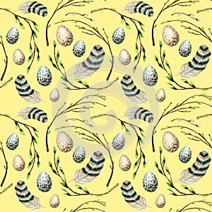 Seamless pattern Watercolor hand drawn Easter eggs, bird Bright feather, willow tree branch with green leaves