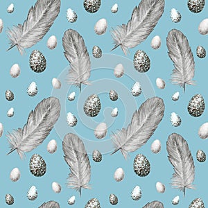 Seamless pattern Watercolor hand drawn happy Easter eggs, bird gray feather. Illustration fabric texture Design concept