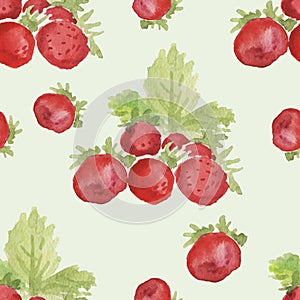 Seamless pattern. Watercolor hand-drawn illustration. Berries and leaves of strawberries, strawberries.