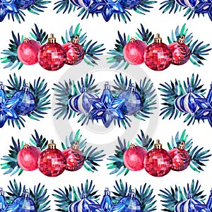 Seamless pattern watercolor hand-drawn red blue shiny decoration ball and christmas tree branch on white. Creative