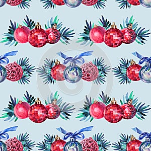 Seamless pattern watercolor hand-drawn red blue silver shiny decoration ball and christmas tree branch background