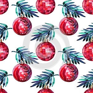 Seamless pattern watercolor hand-drawn red shiny decoration ball and christmas tree branch on white. Creative background