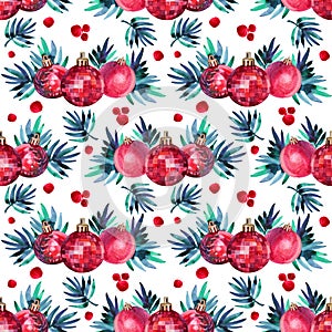 Seamless pattern watercolor hand-drawn red shiny decoration ball and christmas tree branch on white. Creative background
