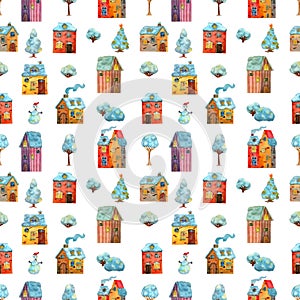 Seamless pattern of watercolor hand drawn winter medieval houses illustration, Cartoon old town street.