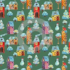 Seamless pattern of watercolor hand drawn winter medieval houses illustration, european old town street vew. New Year theme Design