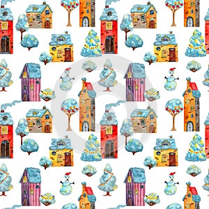 Seamless pattern of watercolor hand drawn winter medieval houses illustration, european old town street vew. New Year theme Design