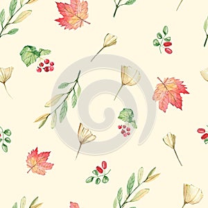 Seamless pattern with watercolor hand painted autumn leaves foliage inspired by garden greenery and plats. Hand painted fall folia