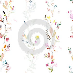 Seamless pattern with watercolor hand painted floral and leaves.