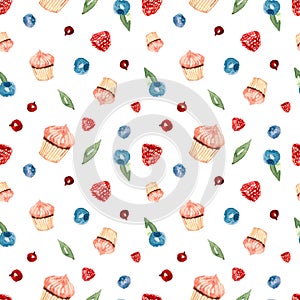 Seamless pattern with watercolor hand painted sweet and tasty cakes