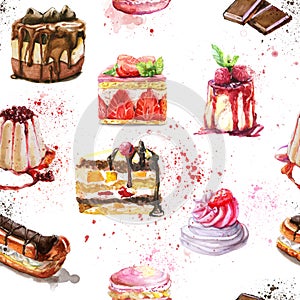 Seamless pattern with watercolor hand painted sweet and tasty cakes