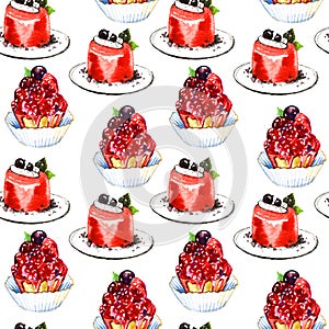 Seamless pattern with watercolor hand painted sweet and tasty cakes with berries. Hand painted fruit dessert background