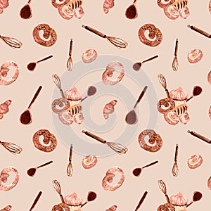 Seamless pattern with watercolor hand painted sweet and tasty cakes