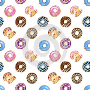 Seamless pattern of watercolor hand painting illustration colorful donuts, Two thousand twenty letters doughnut with colorful