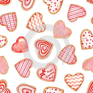 Seamless pattern with watercolor heart shaped cookies with glaze on white background