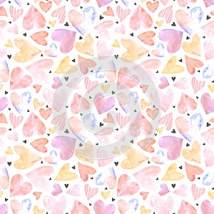 Seamless pattern with watercolor hearts. Romantic love hand drawn backgrounds texture. For greeting cards, wrapping paper, wedding