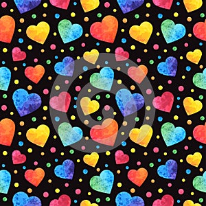 Seamless pattern with watercolor hearts, valentines day background, texture, wrapping. Vector eps10
