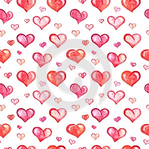 Seamless pattern with watercolor hearts on white