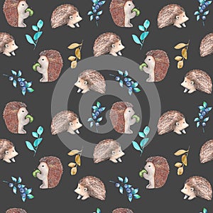 Seamless pattern with watercolor hedgehogs and forest plants