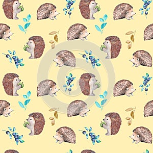 Seamless pattern with watercolor hedgehogs and forest plants