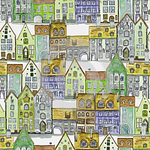 Seamless pattern of watercolor houses photo