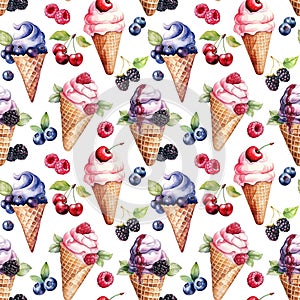 Seamless pattern with watercolor ice cream and fresh blueberry, raspberry, blackberry and cherry isolated on white