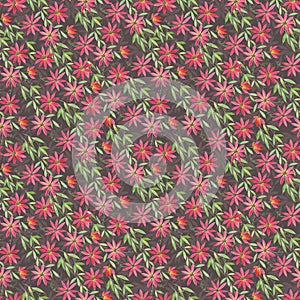 Seamless pattern with watercolor illustration, curly red orange ocher flowers Clematis on green blue claret background. Illustrati