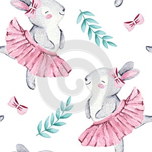 Seamless pattern, watercolor illustration with cute baby bunny and leaves
