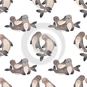 Seamless pattern. Watercolor illustration with cute seal on white background