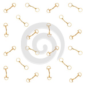 Seamless pattern with watercolor illustration of golden snaffle, bit with D-Ring and circle rings. Equipment for horse