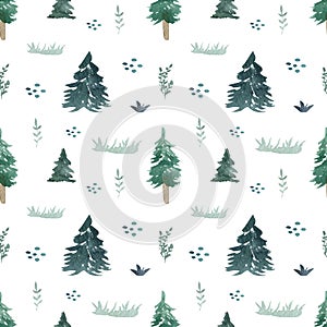 Seamless pattern with watercolor illustrations of trees. Green forest on white backdrop.