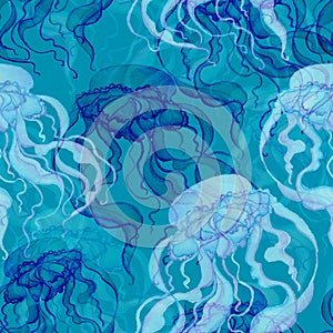 Seamless pattern with watercolor jellyfish on blue background.