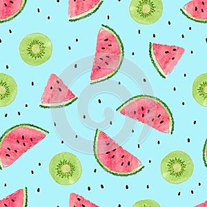 Seamless pattern with watercolor kiwi fruit and watermelon slices.