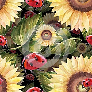 Seamless pattern of watercolor ladybug on the side of a sunflower on black