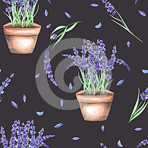 Senza soluzione di continuità modello acquerello lavanda fiori pentola 