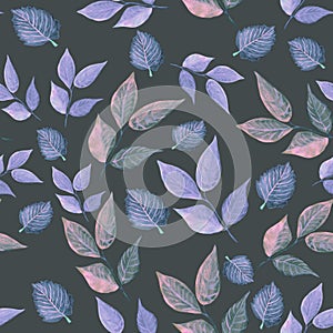 Seamless pattern of watercolor leaves on a gray background