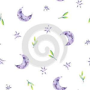 Seamless pattern of watercolor leaves, moon and stars. Colorful illustration isolated on white. Hand painted template